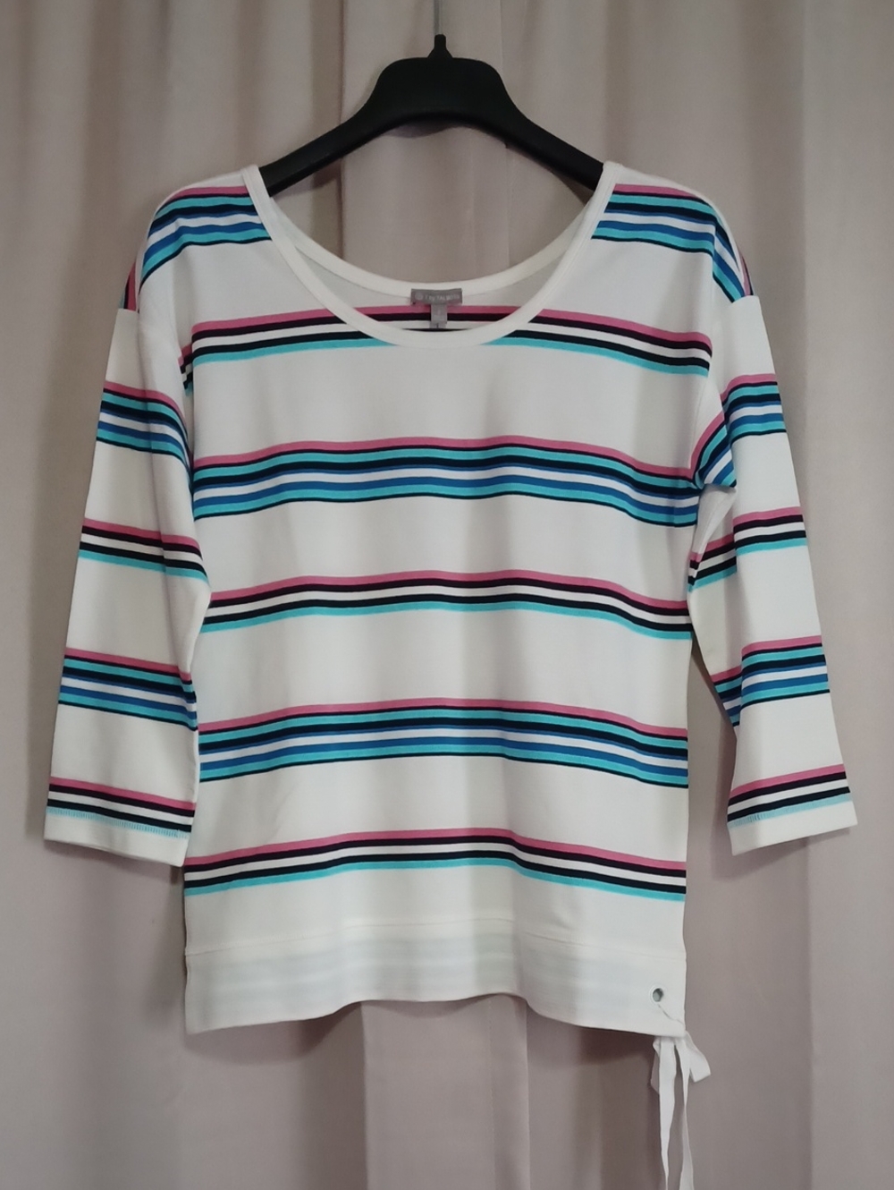 T By Talbots White Striped Scoopneck 3/4 Sleeve Cotton Top Side Tie Size S New